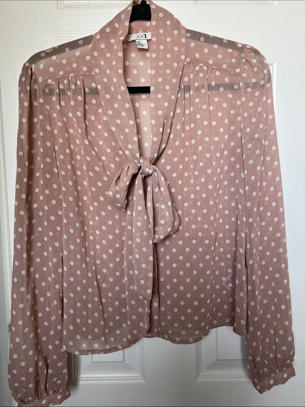 Forever 21 Dusty Pink Polka Dot Tie-Neck Blouse
